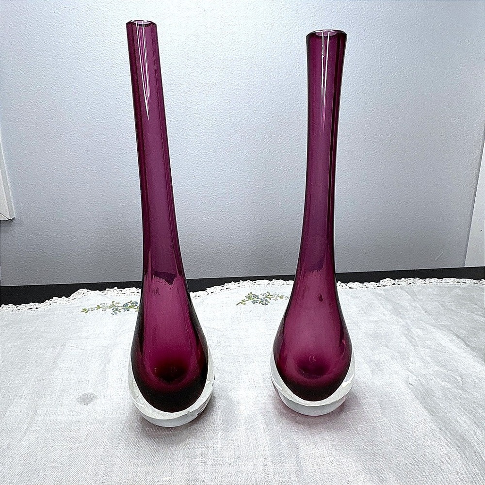 Vintage Sommerso/Murano style Elongated Teardrop Amethyst Bud Vases Set of 2